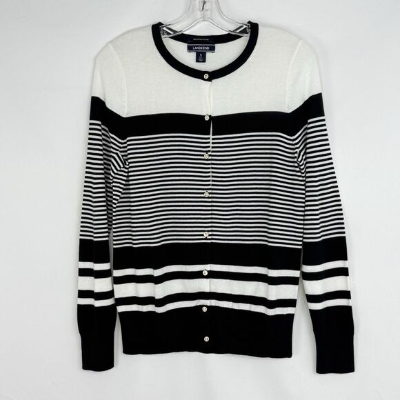 Lands End Womens Nautical Striped Cardigan Small Black White 100% Supima Cotton - Picture 11 of 16